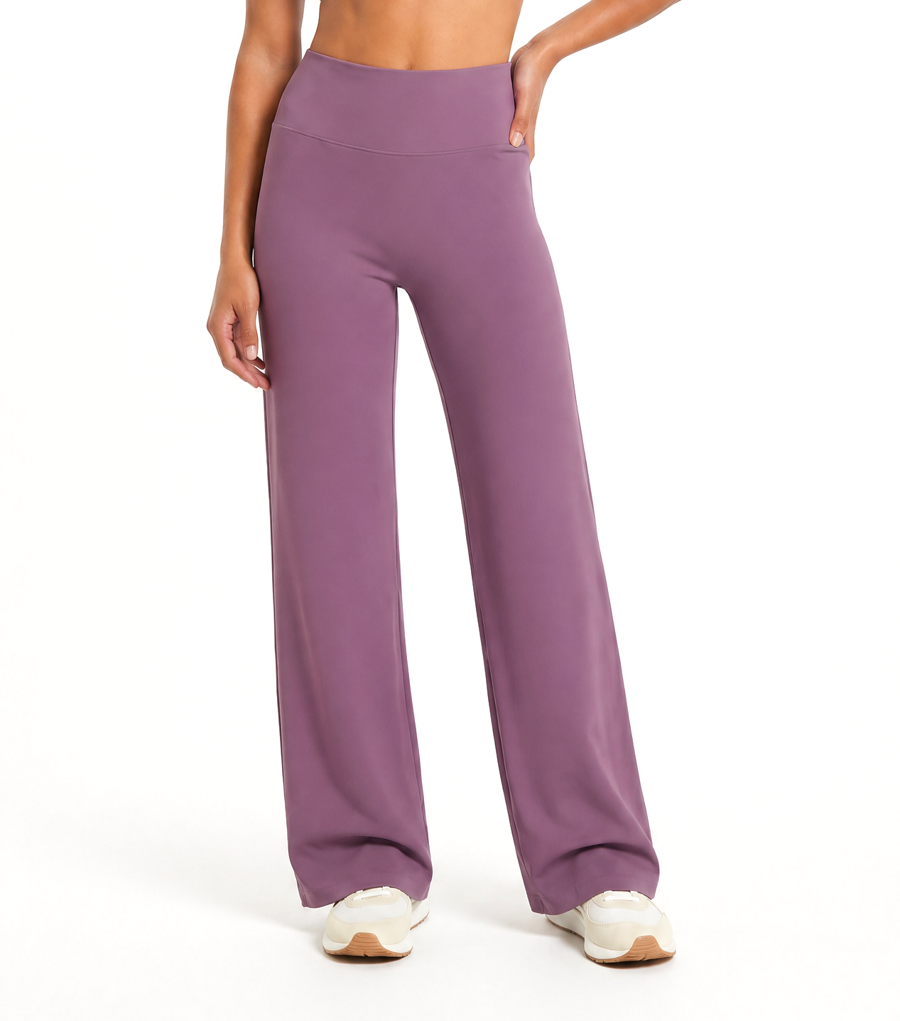 Purple wide-leg pants worn by a person on a white background